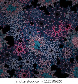 Colorful pattern. Vector illustration. Seamless Flat design with abstract doodles on blue, black, neutral and pink colors background.