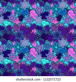 Colorful pattern. Vector illustration. Seamless Flat design with abstract doodles on blue, magenta and neutral colors background.
