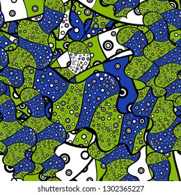 Colorful pattern. Vector illustration. Seamless Flat design with abstract doodles on black, green and blue colors background.