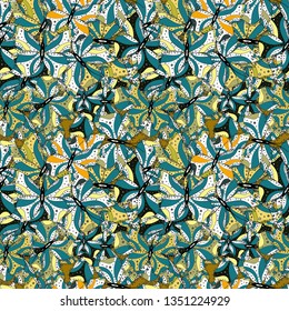 Colorful pattern. Vector illustration. Seamless Flat design with abstract doodles on white, yellow and blue colors background.