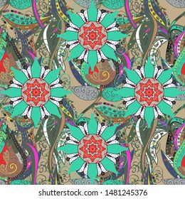Colorful pattern. Vector illustration. Seamless Flat design with abstract doodles on blue, green and beige colors background.