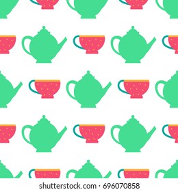 Colorful pattern. Vector illustration with teapot, cup. Endless texture can be used for package design, menu, printing onto fabric and paper or scrap booking.