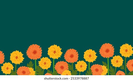 A colorful pattern of vibrant orange and yellow marigold flowers set against a rich green background, perfect for seasonal and nature-inspired projects. 