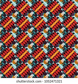 Colorful Pattern for Wallpaper, Textile, Linen, Curtains. Vintage Abstract Ornament with Tiles and Rhombus in pink, brown and black Colors. Orient seamless pattern. Vector Bright Zentangle.