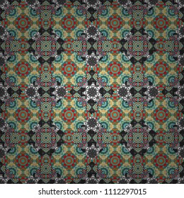 Colorful Pattern for Wallpaper, Textile, Linen, Curtains. Vector Bright Zentangle. Orient seamless pattern. Vintage Abstract Ornament with Tiles and Rhombus in blue, gray and beige Colors.