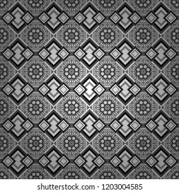 Colorful Pattern for Wallpaper, Textile, Linen, Curtains. Vector Bright Zentangle. Orient seamless pattern. Vintage Abstract Ornament with Tiles and Rhombus in black, white and gray Colors.