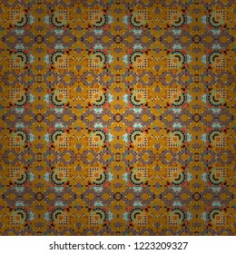 Colorful Pattern for Wallpaper, Textile, Linen, Curtains. Vector Bright Zentangle. Orient seamless pattern. Vintage Abstract Ornament with Tiles and Rhombus in brown, yellow and orange Colors.