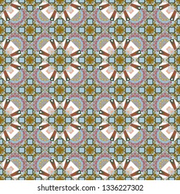Colorful Pattern for Wallpaper, Textile, Linen, Curtains. Orient seamless pattern. Vector Bright Zentangle. Vintage Abstract Ornament with Tiles and Rhombus in blue, green and brown Colors.