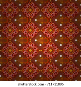 Colorful Pattern for Wallpaper, Textile, Linen, Curtains. Vintage Abstract Ornament with Tiles and Rhombus in red, brown and orange Colors. Orient seamless pattern. Vector Bright Zentangle.