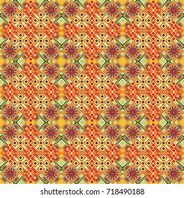 Colorful Pattern for Wallpaper, Textile, Linen, Curtains. Vector Bright Zentangle. Vintage Abstract Ornament with Tiles and Rhombus in yellow, orange and brown Colors. Orient seamless pattern.