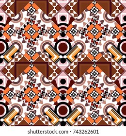 Colorful Pattern for Wallpaper, Textile, Linen, Curtains. Vintage Abstract Ornament with Tiles and Rhombus in black, white and brown Colors. Orient seamless pattern. Vector Bright Zentangle.