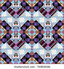 Colorful Pattern for Wallpaper, Textile, Linen, Curtains. Vintage Abstract Ornament with Tiles and Rhombus in gray, black and blue Colors. Orient seamless pattern. Vector Bright Zentangle.