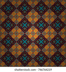 Colorful Pattern for Wallpaper, Textile, Linen, Curtains. Vector Bright Zentangle. Vintage Abstract Ornament with Tiles and Rhombus in brown, blue and red Colors. Orient seamless pattern.