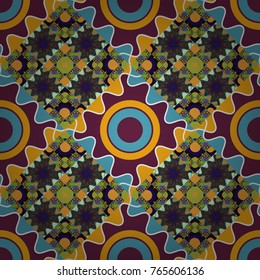 Colorful Pattern for Wallpaper, Textile, Linen, Curtains. Vector Bright Zentangle. Vintage Abstract Ornament with Tiles and Rhombus in blue, purple and yellow Colors. Orient seamless pattern.