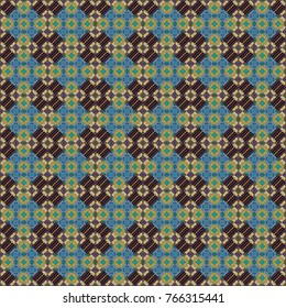 Colorful Pattern for Wallpaper, Textile, Linen, Curtains. Orient seamless pattern. Vector Bright Zentangle. Vintage Abstract Ornament with Tiles and Rhombus in green, black and blue Colors.