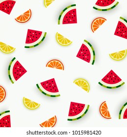 Colorful pattern of watermelon, orange and lemon. Abstract image of fruit, minimalistic style. Top view of watermelon and citrus segments. Summer food concept. Vector illustration
