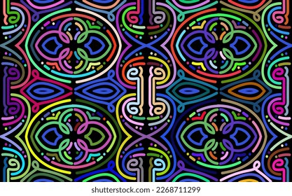 Patrón colorido de líneas onduladas. Composición en forma de patrón oriental arbitrario multicolor sobre fondo negro. Ilustración del vector, EPS 10. Para papel de pared, impresión de notas, diseño de impresión