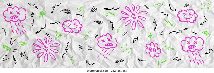 Colorful pattern with wax crayon drawing rainy cloud, stick out tongue cloud and funny flower and sun on crumpled paper. Children drawing pink, green and black squiggle, arrows, stars doodle elements