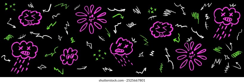 Colorful pattern with wax crayon drawing rainy cloud, stick out tongue cloud, flower and sun. Children drawing squiggle, arrows, stars on blackboard. Groovy background with pink green doodle elements