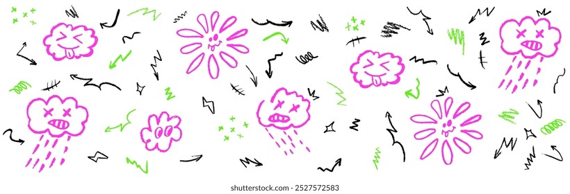 Colorful pattern with wax crayon drawing rainy cloud, stick out tongue cloud and funny flower and sun. Children drawing squiggle, arrows, stars. Abstract background with pink green doodle elements