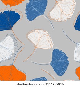 colorful pattern with white blue and orange ginkgo leaves
