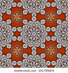 Colorful pattern with white doodles on white, orange and black colors with colorful elements. Seamless colorful pattern. Vector oriental ornament.