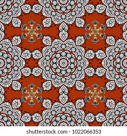 Colorful pattern with white doodles on white, orange and black colors with colorful elements. Seamless colorful pattern. Vector oriental ornament.