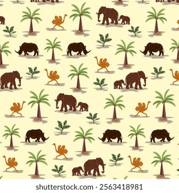 Colorful pattern with wild animals.Vector seamless pattern with rhinoceros, elephants and ostriches on a colored background with palm trees.