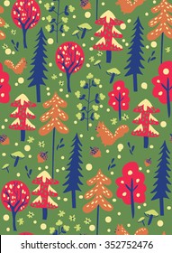 Colorful pattern with winter forrest with squirrel, trees, fir, snow, flower and acorn. Green, orange, blue.