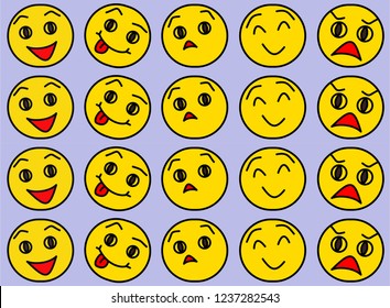 colorful pattern, yellow smilies on a blue background, funny, 
joking, happy, surprised, frightened emotions
