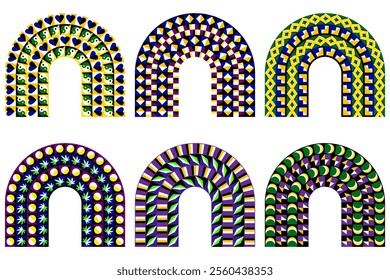 Colorful patterned arches with mesmerizing motion effects. Inspired by retro and op-art styles, these vibrant designs suit posters, branding, or home decor accents.