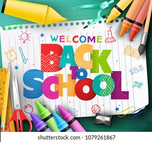 Colorful Patterned Back to School Text in a Piece of White Paper with Hand Drawn Doodle and School Supplies in Green Chalkboard Background. Vector Illustration
