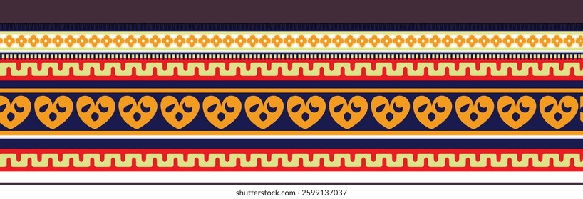 colorful patterned border with repeating heart and geometric designs, for textile, wallpaper, gift wrapping.