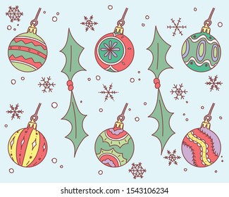 Colorful patterned Christmas decorative balls. hand drawn style vector design illustrations. 