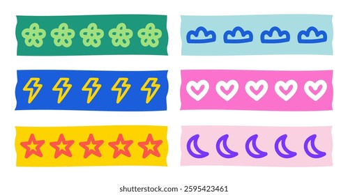 Colorful Patterned Designs Featuring Various Symbols in a Bright and Playful Style, Including Flowers, Clouds, Lightning, Hearts, Stars, and Moons for Decorative and Creative Use
