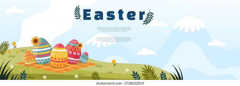 colorful patterned easter eggs sitting on green grass field with blue mountains