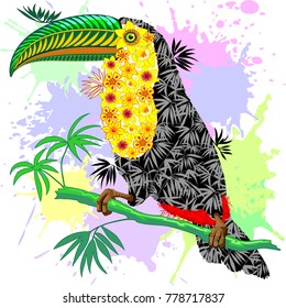 Colorful Patterned Exotic Toco Toucan from Amazonia Rainforest, created on Vector Graphic Art Technique, assembling leaves, flowers, plants to compose the Wild Bird.