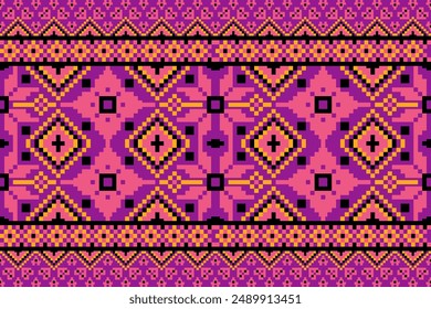 A colorful patterned fabric with a black and orange border. The pattern is made up of squares and triangles for background, fabric, textile, fashion, wallpaper,wedding, banner, sticker,decoration etc.