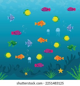 Pescado colorido y adornado bajo el mar o en el acuario. Ilustración vectorial.