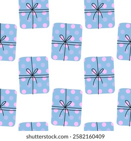 Colorful patterned gift boxes with pink dots evenly arranged on a white background