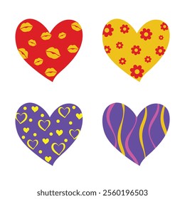 Colorful Patterned Heart Love Stickers Set for Valentine's Day Design With Swirl Kiss and Flower.