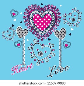Colorful patterned hearts with chains and texts. Vector illustration.
