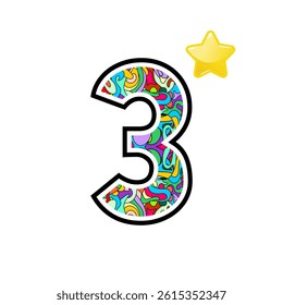Colorful Patterned Number Three with Star