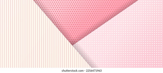 Colorful Patterned Paper Cutout background. Polka dots and heart patterned pastel paper origami backdrop. 