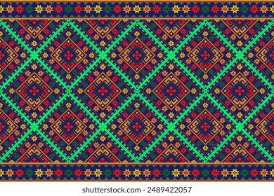 A colorful patterned rug with a green border. The rug is made up of many different colored squares and triangles for background, fabric, textile, fashion, wallpaper, wedding, banner,sticker,decoration