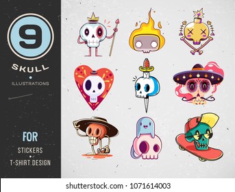 Colorful patterned skull set. Different styles. Vector illustration