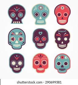 colorful patterned skull set, Mexican day of the dead