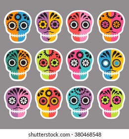 colorful patterned skull set, Mexican day of the dead