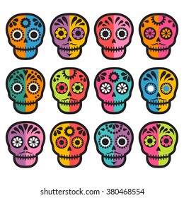 colorful patterned skull set, Mexican day of the dead