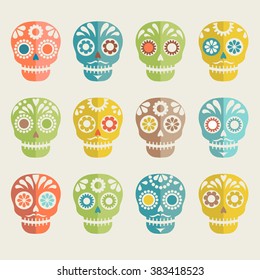 colorful patterned skull set, Mexican day of the dead